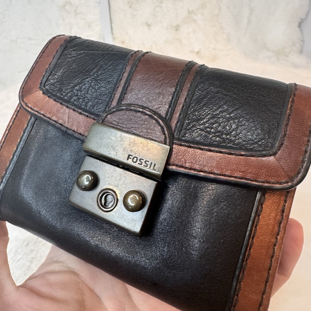 Fossil Vintage Reissue Wallet Brown Black Trifold Card Genuine Leather Zip 5"